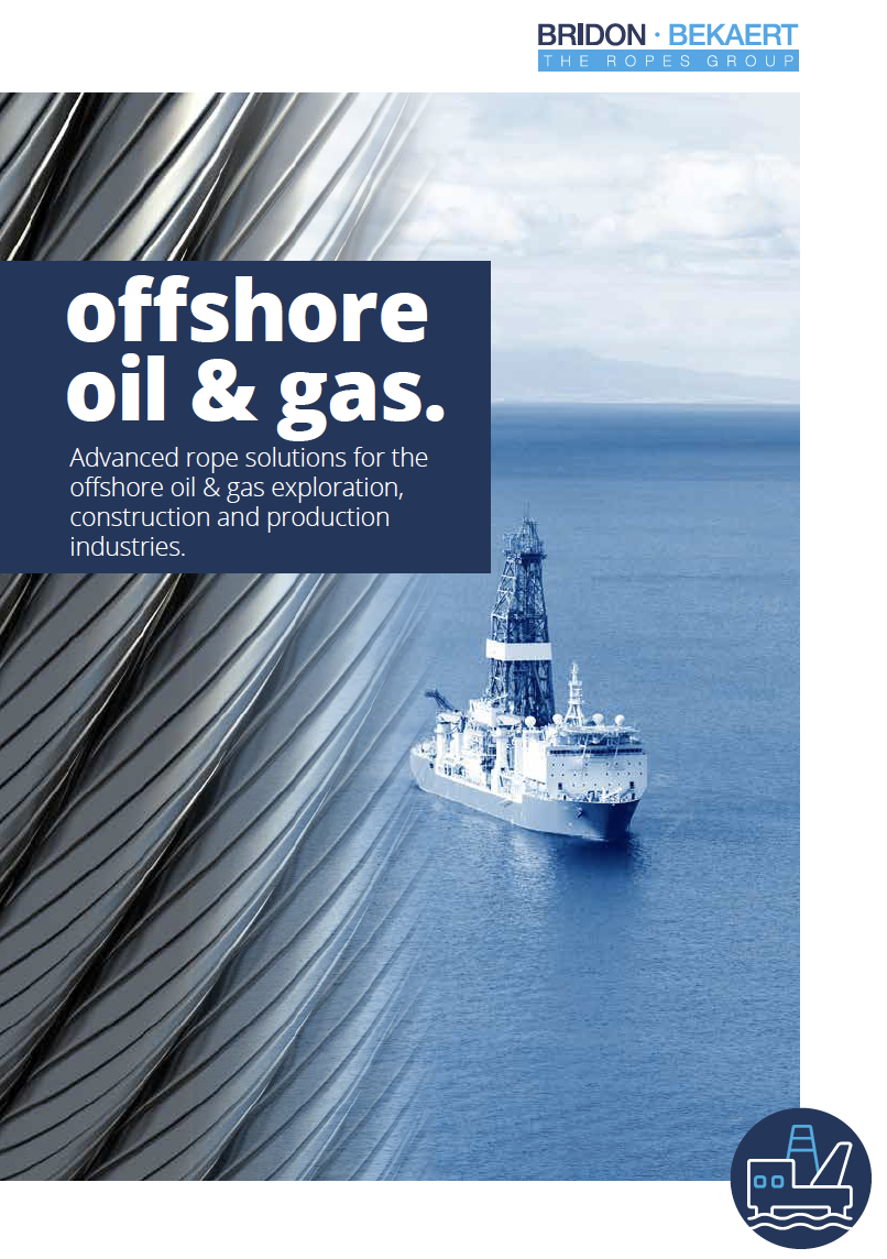 Bridon Bekaert Offshore oil and Gas catalogue cover. Features an image of a wire rope and oil and gas vessel at sea. 